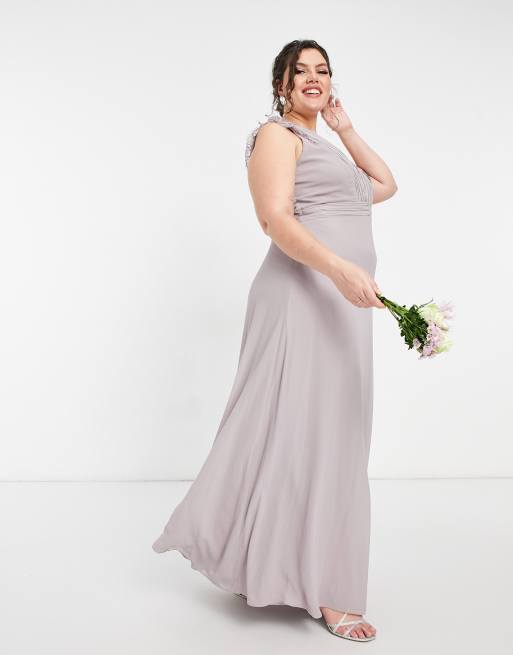 TFNC Plus bridesmaid lace trim plunge front maxi dress in grey, 4 of 4