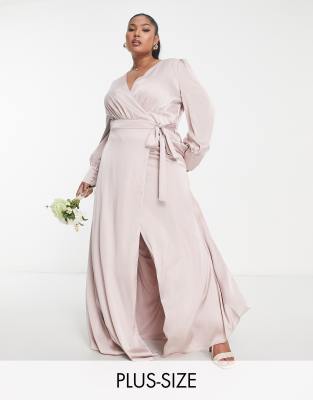 TFNC Plus - Bridesmaid - Langärmliges Maxikleid aus Satin in Nerzrosa