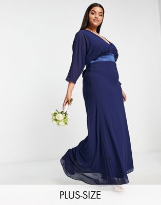 TFNC Plus Bridesmaid long sleeve maxi dress in navy - ASOS Price Checker