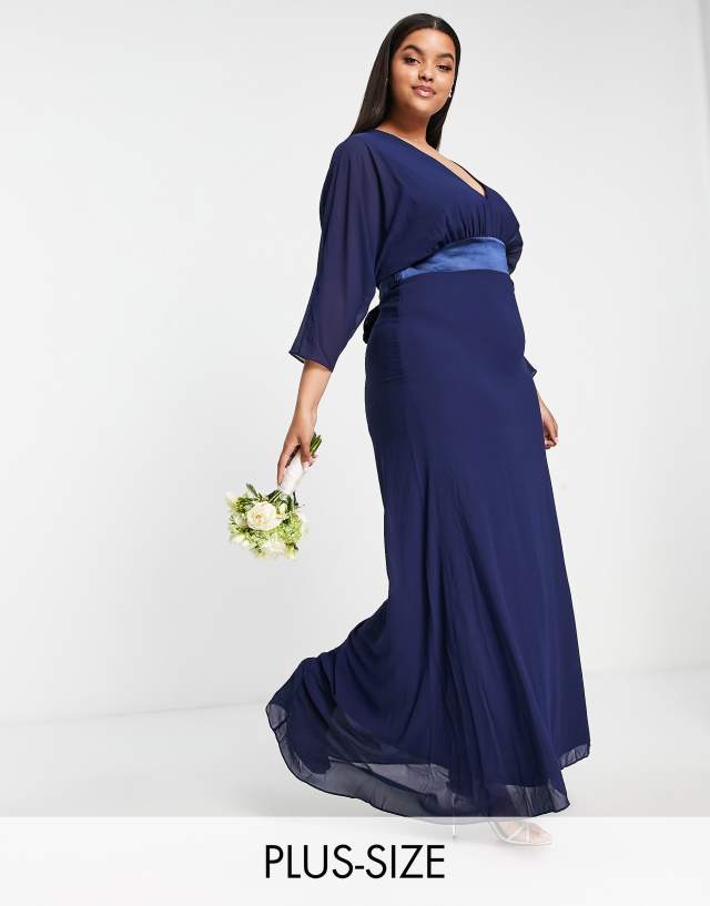 TFNC Plus Bridesmaid long sleeve maxi dress in navy