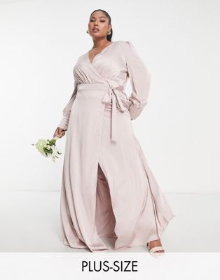 TFNC Plus Bridesmaid long sleeve satin maxi dress in mink pink - ASOS Price Checker