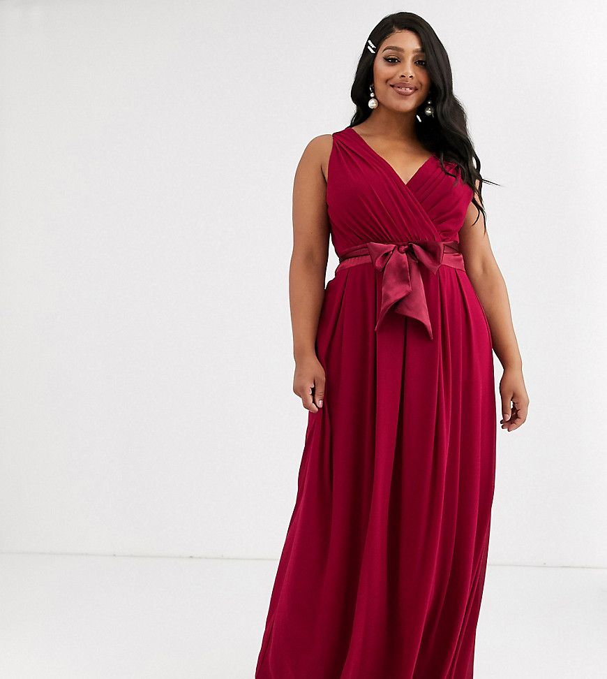 TFNC Plus Bridesmaid maxi dress with bow back in mulberry-Red
