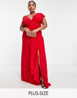 TFNC Plus - Bridesmaid - Maxikleid in Rot mit Flügelärmeln und Rüschen