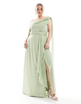 Bridesmaid one shoulder drape maxi dress with wrap skirt in sage green