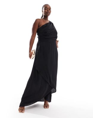 Bridesmaid one shoulder satin maxi dress in black