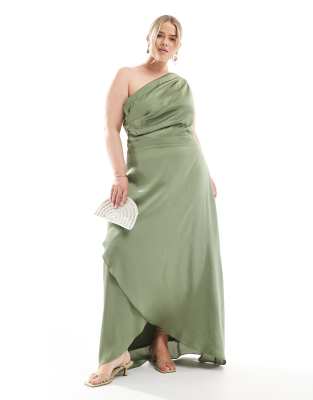 Bridesmaid one shoulder satin maxi dress with wrap skirt in dark green