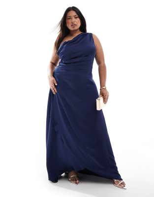 Bridesmaid one shoulder satin maxi dress with wrap skirt in navy