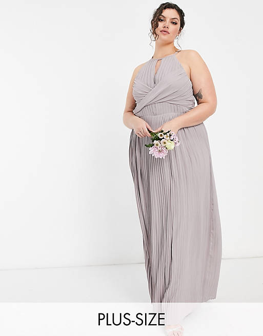 TFNC Plus bridesmaid pleated wrap detail maxi dress in grey 