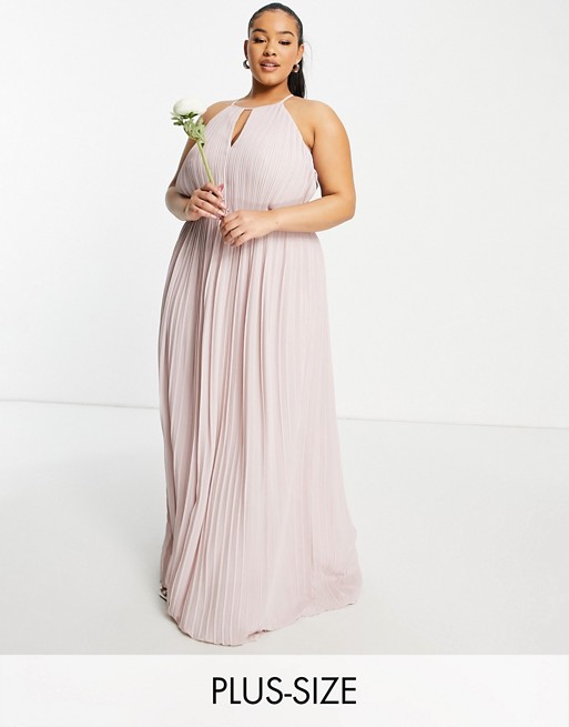 TFNC Plus bridesmaid pleated wrap detail maxi dress in mink