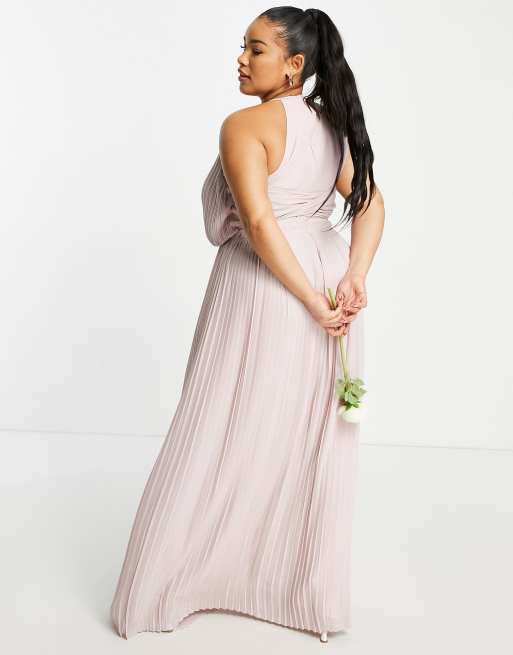 TFNC Plus bridesmaid pleated wrap detail maxi dress in mink