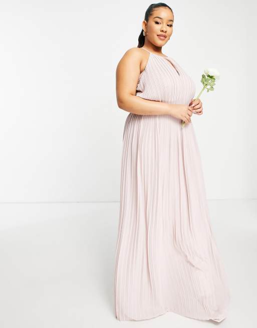 TFNC Plus bridesmaid pleated wrap detail maxi dress in mink