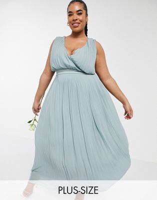 TFNC Plus bridesmaid pleated wrap front midaxi dress in sage-Green