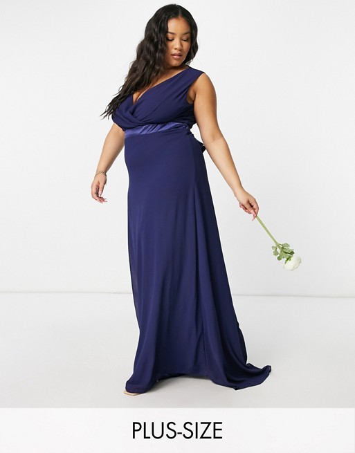 TFNC Plus bridesmaid plunge front bow back maxi dress in navy