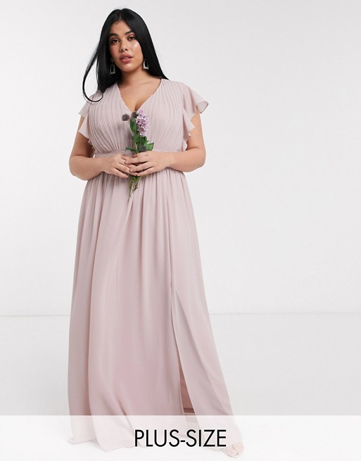 TFNC Plus bridesmaid plunge front flutter sleeve maxi dress in pink