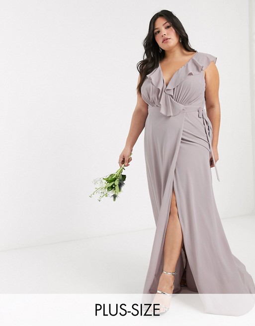 TFNC Plus bridesmaid ruffle detail maxi dress with thigh split in grey
