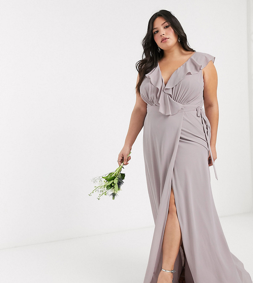 TFNC Plus bridesmaid ruffle detail maxi dress with thigh split in grey