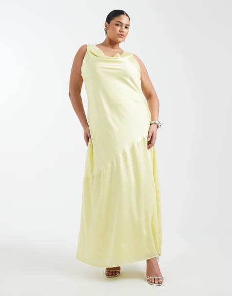 TFNC Plus Bridesmaid satin cowl front and back maxi dress in butter lemon