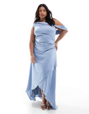 Bridesmaid satin fallen shoulder maxi dress with wrap skirt in dusty blue