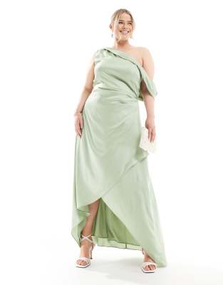 Bridesmaid satin fallen shoulder maxi dress with wrap skirt in sage-Green