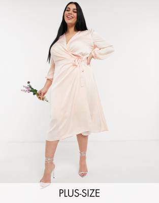 TFNC Plus bridesmaid satin long sleeve wrap front midi dress in light blush-White