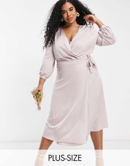 TFNC Plus bridesmaid satin long sleeve wrap front midi dress in mink