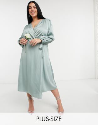 Tfnc Plus Bridesmaid Satin Long Sleeve Wrap Front Midi Dress In Sage ...