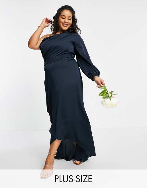 TFNC Plus Bridesmaid satin one shoulder long sleeve maxi dress in navy ASOS