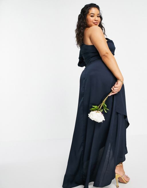 TFNC Plus Bridesmaid satin one-shoulder long- sleeved maxi dress in navy, 2 of 4