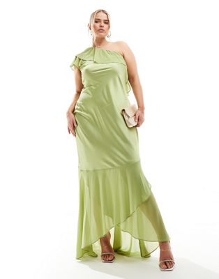 TFNC Plus Bridesmaid satin one shoulder ruffle maxi dress in olive