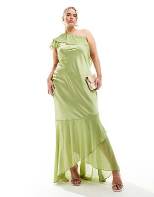 TFNC Plus Bridesmaid satin one shoulder ruffle maxi dress in olive-Green