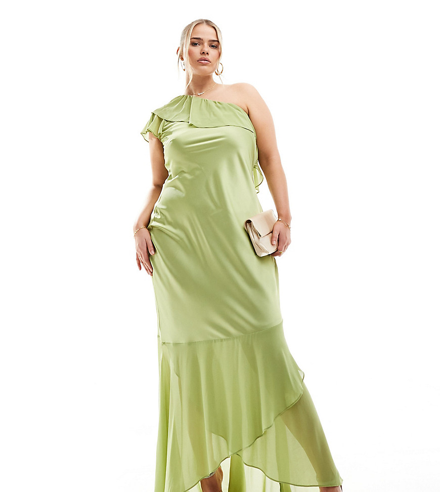 TFNC Plus Bridesmaid satin one shoulder ruffle maxi dress in olive-Green
