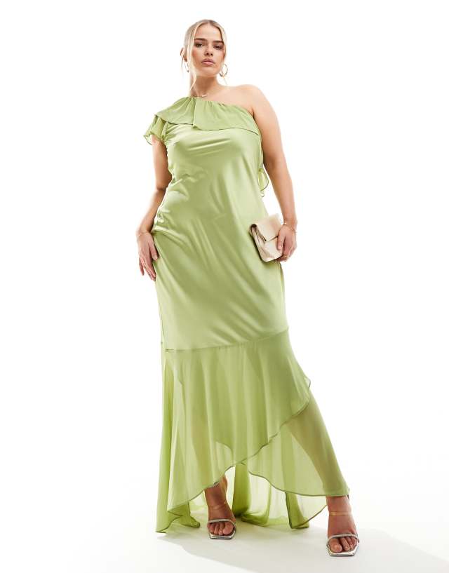 TFNC Plus - bridesmaid satin one shoulder ruffle maxi dress in olive