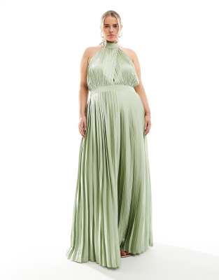 Bridesmaid satin pleated halter neck maxi dress with full skirt in sage-Green