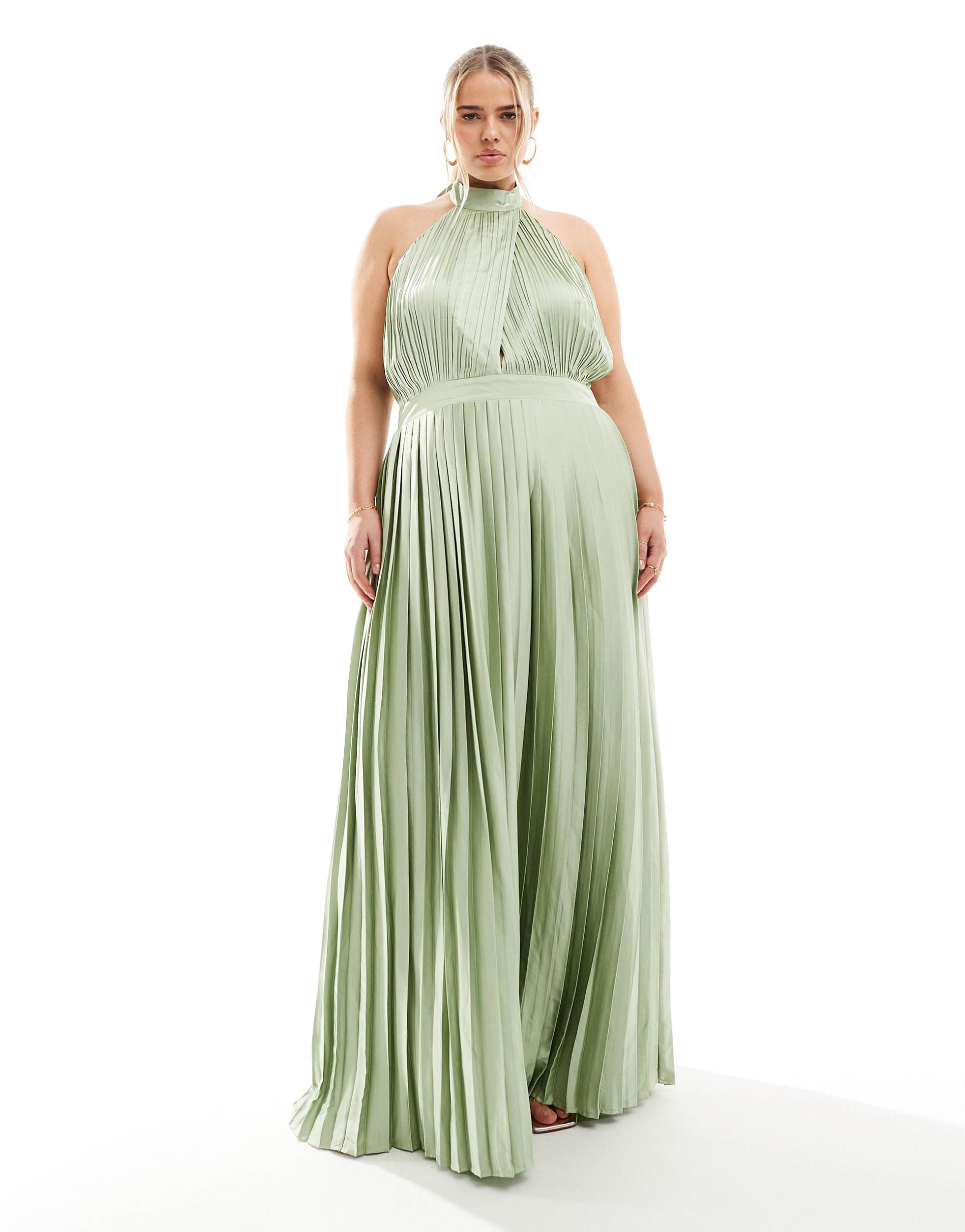 tfnc plus bridesmaid satin pleated halter neck maxi dress with full skirt in sage