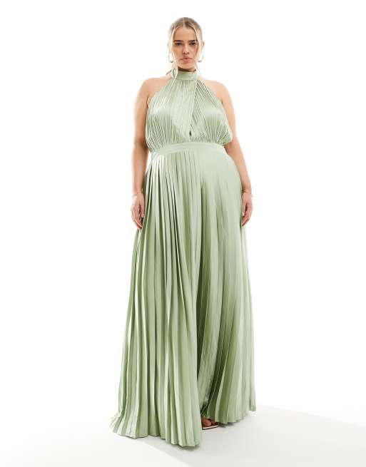 TFNC Plus Bridesmaid satin pleated halter neck maxi dress with full skirt in sage ASOS