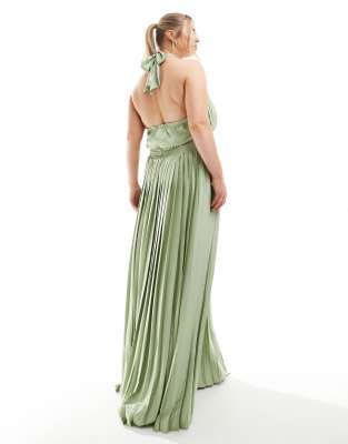 TFNC Plus Bridesmaid satin pleated halter neck maxi dress with full skirt  in sage | ASOS