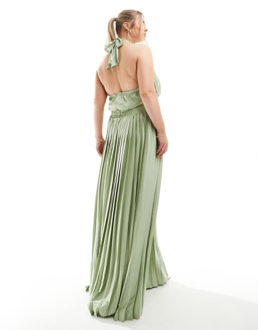 TFNC Plus Bridesmaid satin pleated halter neck maxi dress with full skirt in sage ASOS