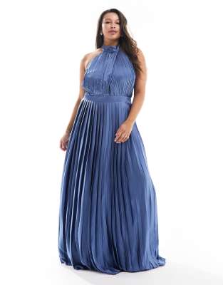 Tfnc Plus Bridesmaid Satin Pleated Halterneck Maxi Dress With Full Skirt In Aster Blue