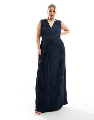 TFNC Plus Bridesmaid satin pleated maxi dress in navy-Blue