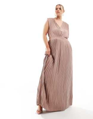 Tfnc Plus Bridesmaid Satin Pleated Maxi Dress In Rose Brown