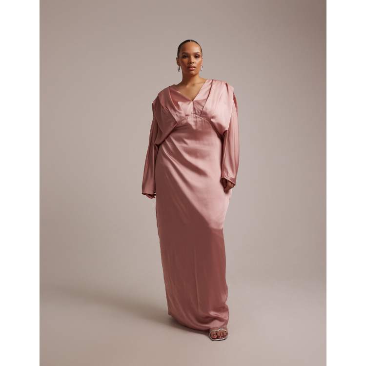 TFNC Plus Bridesmaid satin v neck pleat detail fitted maxi dress in pink |  ASOS
