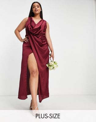 TFNC  Plus Bridesmaid satin wrap maxi dress in berry