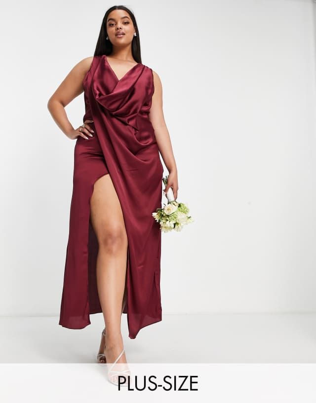 TFNC Plus Bridesmaid satin wrap maxi dress in berry