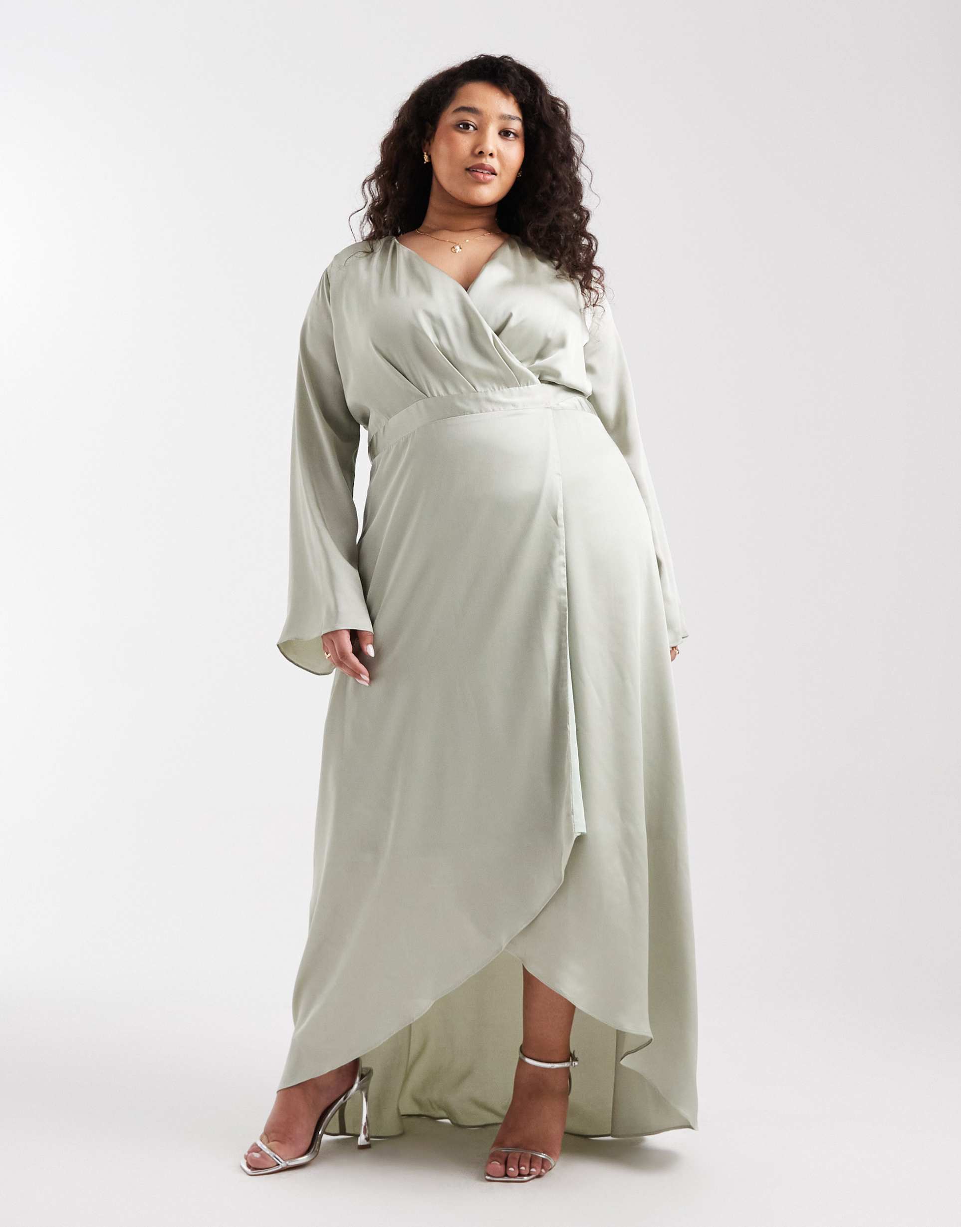 tfnc plus bridesmaid satin wrap maxi dress in green