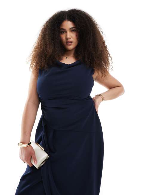 TFNC Plus Bridesmaid slash neck maxi dress with ruching detail in navy