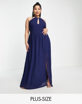 Tfnc Plus Bridesmaid Strappy Back Halter Neck Dress In Navy