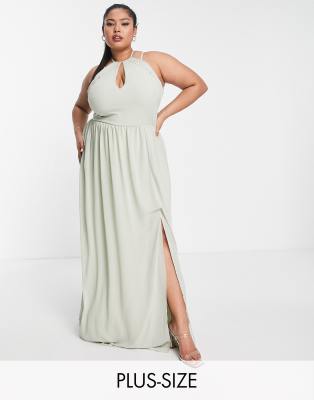 Tfnc Plus Bridesmaid Strappy Back Halter Neck Dress In Sage Green