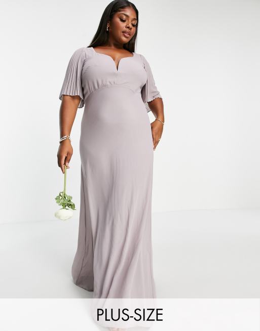 TFNC Plus bridesmaid sweetheart neck flutter sleeve dress grey ASOS