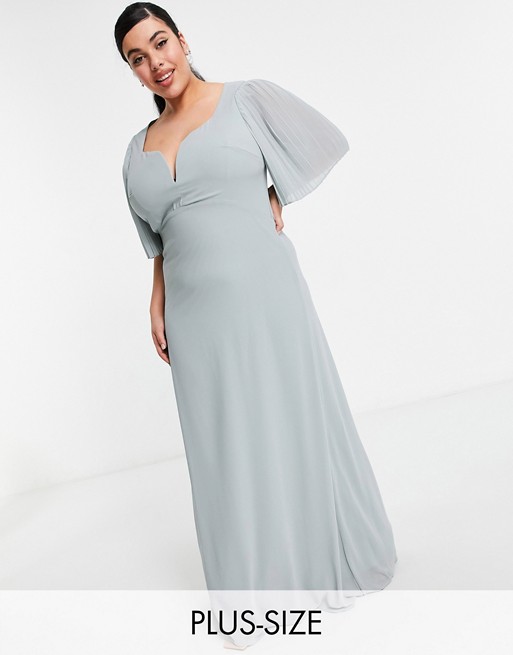 TFNC Plus bridesmaid sweetheart neck flutter sleeve maxi dress in sage