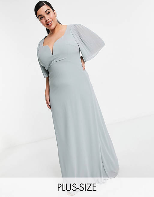 TFNC Plus bridesmaid sweetheart neck flutter sleeve maxi dress in sage